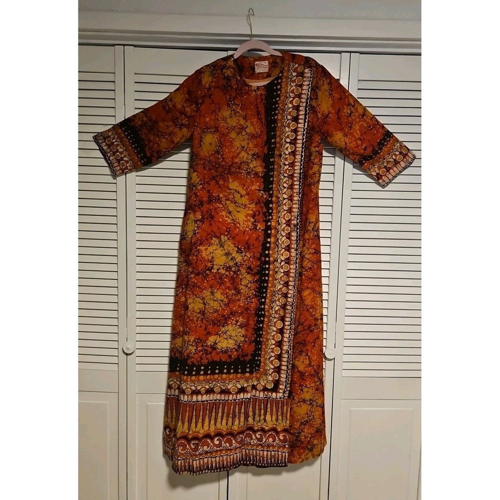 Vintage‎ 60s 70s Psychedelic Floral Barkcloth Kaftan Dress Tourist Pc. Sz Lg.